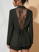 Blazer élégant pour femme en dentelle transparente avec lien à nouer à la taille, coupe ajustée, veste de costume décontractée pour le bureau, hauts formels tendance