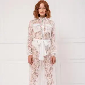 Women Sexy Long Sleeve Sheer Offwhite Jumpsuit