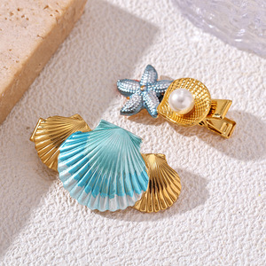 Barrettes Esthétiques Coquillage Océanique Étoile de <span class=keywords><strong>Mer</strong></span> en Acier Inoxydable Doré avec Perle, Accessoires Cheveux d'Été Plage pour Femme - Product Image 3