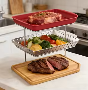 Panier de barbecue perforé antiadhésif en acier inoxydable avec poignée pour utilisation en extérieur - Product Image 5
