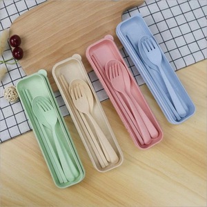 Wheat Straw Cutlery Set 3 Piece Portable Fork Spoon Chopsticks Solid Color Box For Children Students Adults - Product Image 1