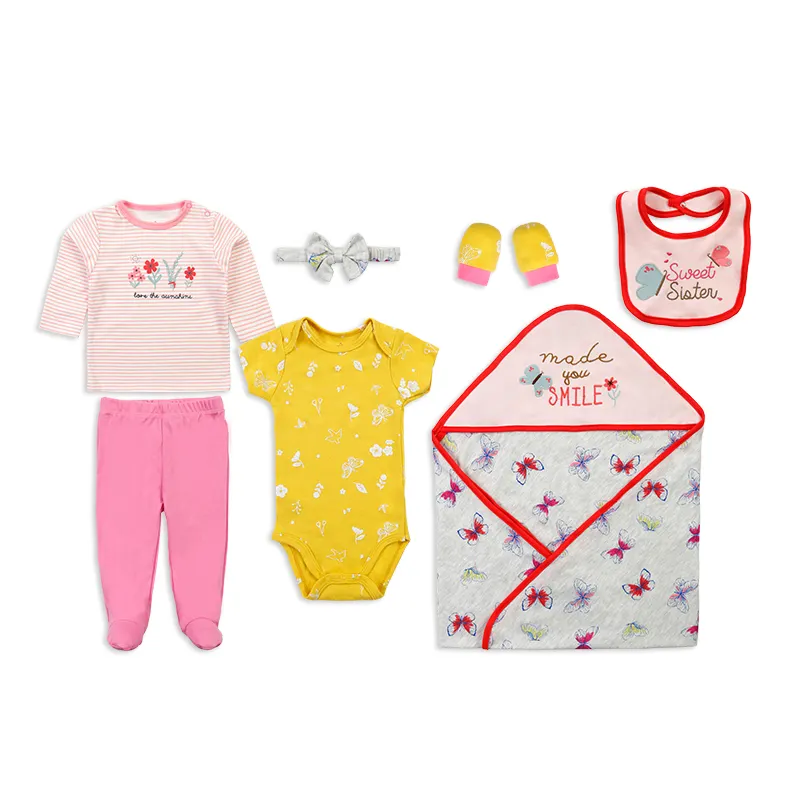 Yeni doğan bebek giysileri setleri romper pantolon bebek önlükler havlu şapka sarılmak yorgan erkek kız kıyafetler 7-piece set bebek giysileri giyim