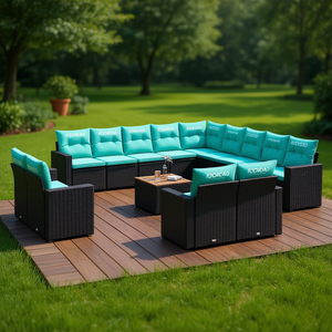 Ensemble de canapés de patio en polyrotin noir avec coussins, 14 pièces, mobilier de jardin extérieur, design contemporain - Product Image 2