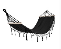 Hamac balançoire d'extérieur moderne, grand, durable et écologique avec support en bois et tissu en coton à pompons pour patio, arbre, parc et camping