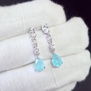 أقراط متدلية مجوهرات من الفضة الإسترلينية مضادة للحساسية مع أحجار كريمة زرقاء على شكل دمعة وثلاثة أحجار زركونيا شفافة للنساء - Product Image 5