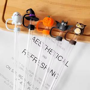 Bouchons de paille en plastique souple au design créatif de citrouille d'Halloween, capuchons de paille de dessin animé pour accessoires de bar et de boisson - Product Image 5