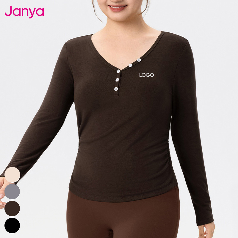 Janya Nude Activewear Stretch Ruched Sides Slimming Fitness Wear V-Neck Sports T-Shirt Long-Sleeve Plus Size Yoga Top for Women