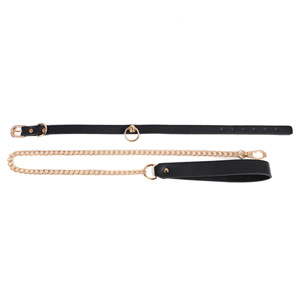Collier en cuir noir avec anneau et chaîne dorés pour adulte, accessoire BDSM - Product Image 5