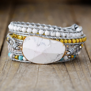 Pulsera de Moda con Cuentas de Piedra Natural, Hecha a Mano, Tejida, Multicapa, Color Blanco Pino, Diseño Geométrico - Product Image 2