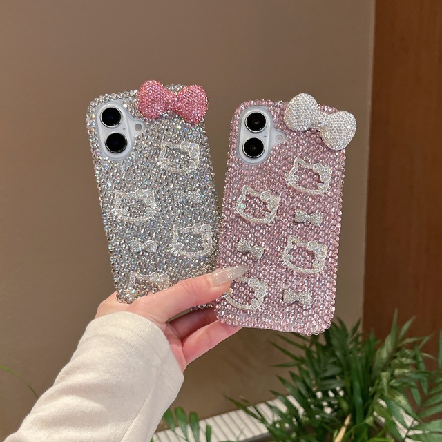 Super Bright 3D Bow KT cat Applicable to Apple 15 Promax Shell Crystal Mobile Phone case iPhone 16 Pro Full Diamond Cover