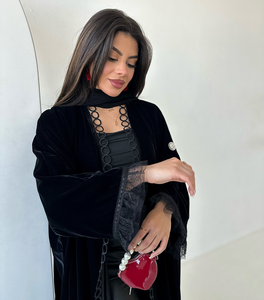 Abaya Musulmana di Lusso Personalizzata con Bordo in Pizzo per <span class=keywords><strong>Donna</strong></span>, Modello Aperto Nero con Dettaglio Circolare, Abito <span class=keywords><strong>Musulmano</strong></span> Femminile 2025 Dubai - Product Image 4