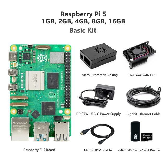 Raspberry Pi 5 Basic Kit Includes Raspberry Pi 5 1GB/2GB/4GB/8GB/16GB Board Metal Protective Casing Heatsink Power Supply Cables
