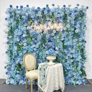 Tissu 5D personnalisé enroulable en tissu fleur chemin de couloir mural mariage toile de fond artificielle fleur mur bleu