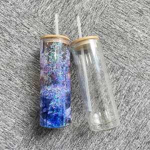 20Oz <b>Mugs</b> With Bamboo Lid and Straw <b>Double</b> <b>Wall</b> Skinny Tumbler Sublimation 12Oz Snow Globe Glass Cup - Product Image 4