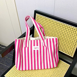 Bolso de lona a rayas duradero con logotipo de etiqueta personalizada, bolso de compras reutilizable de gran capacidad, bolso de playa de viaje portátil - Product Image 5