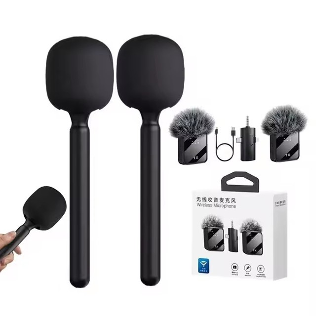 3 in 1 Wireless Microphone Outdoor Handheld Stick 2Mic Lapel Handheld Holder Stick for DJI RODE MIC Interview Vlog Recording