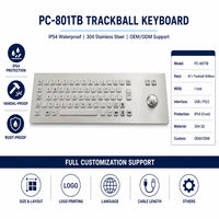 Clavier à trackball industriel en acier inoxydable étanche IP54 personnalisé PC-801TB, 67 touches USB PS/2 pour machine CNC, kiosque