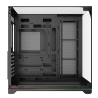Productie van een pc-gaming anime computerkast met vooraan geplaatste glazen RGB-strip, temperatuurweergave en stofdichte buitenbehuizing.