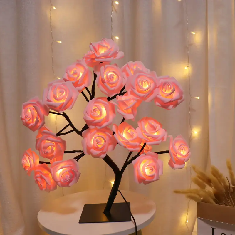 Vente en gros LED Rose Lampe de table 24led Romantique Fleur Veilleuse Mariage Chambre Intérieur Décoration Rose Fleur Bonsaï Arbre Lumière