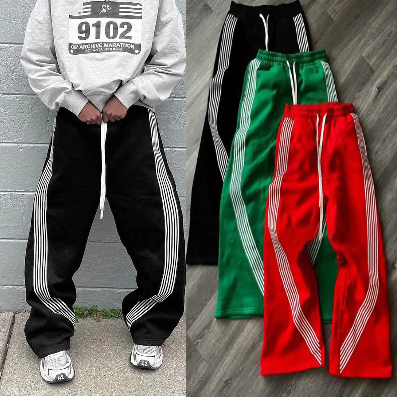 Streetwear con stampa a linea personalizzata con Logo e pantaloni da tuta larghi larghi e larghi pantaloni da corsa svasati da uomo