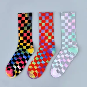 Tie Dye Socks Fashion Trend Novelty Checkered Tie Dye Crew Calf Tube Sports Skateboard Socks For Men Women