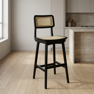 Chaise haute de bar antique en rotin tressé avec base chromée et structure en bois massif, moderne, durable et légère, pour la maison, le bar, la salle à manger et les restaurants - Product Image 2