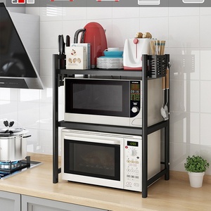 Estante retráctil escalable para horno microondas, estante de almacenamiento de cocina de una o dos capas de metal grueso negro - Product Image 3
