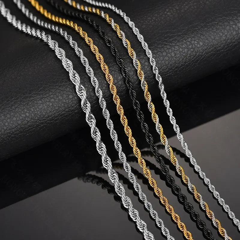 DIY waterproof hiphop gold silver black stainless steel twisted braided rope chain necklaces for man women