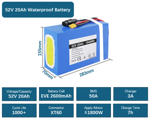 Batería para Bicicleta Eléctrica de PVC Azul Impermeable, 52V 20Ah 2600mah, Celdas con BMS de 50A y Cargador de 3A, Conector XT60, Disponible en Almacén de Australia - Product Image 1