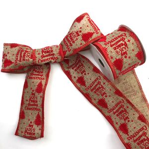 Pita berkabel poliester Linen terkunci pola pohon pinus Natal salam perdamaian goni palsu untuk kerajinan pembungkus Hadiah - Product Image 6