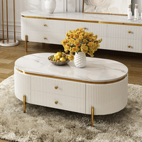 Ensemble de meubles de salon moderne de luxe avec table basse et meuble TV en marbre blanc et pieds en acier inoxydable doré avec tiroirs