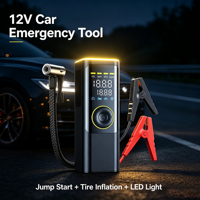 Démarreur de voiture portable avec compresseur d'air, écran numérique, lumière d'urgence LED, pompe à air multifonctionnelle pour pneus de voiture