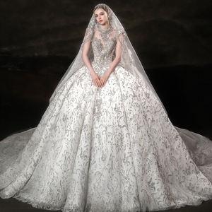 LSHT123 Modern Exquisite Short Sleeve Sequined Embroidery Lace Wedding Bridal <b>Ball</b> Gown Dress Floral Appliques <b>Crystal</b> Flowers - Product Image 1