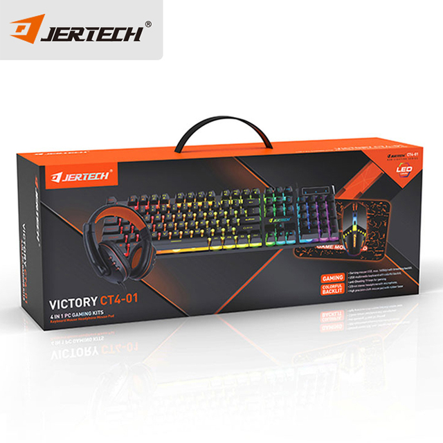 CT4-01 Gamers Combo Set Rainbow Backlit Wired Gaming Four-piece 4 in 1 Keyboard Mouse Headset Mouse Pad Combos for Computer