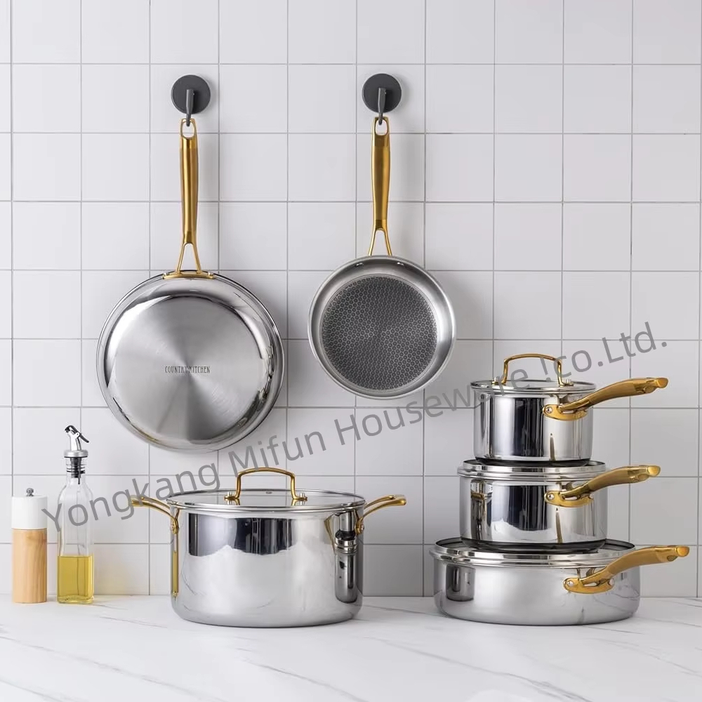 Modern 10 Pc Hybrid Cookware Set W/ Lids Stainless Steel Wok Kitchenware 3-ply Stainless Steel Honeycomb Non Stick Pans Sets