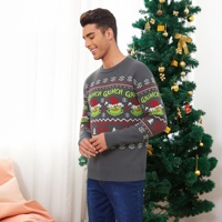 Nouveau Pull de Noël pour Homme 2026 – Monstre Vert Cartoon Jacquard, Col Rond, Pull de Noël Chaud en Maille pour l'Hiver