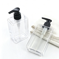 Flacon pompe carré transparent en PET personnalisé, vide, pour shampoing et savon, avec revêtement mat et étiquette imprimée en soie, contenant cosmétique