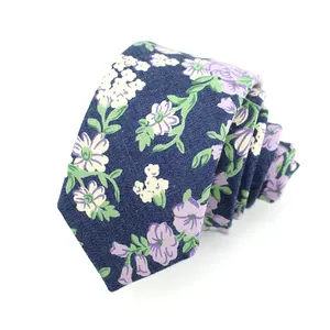 China Wholesale Mens Custom Necktie Handmade Cotton Lilac Floral 6 cm Slim Skinny Neck Ties For Men