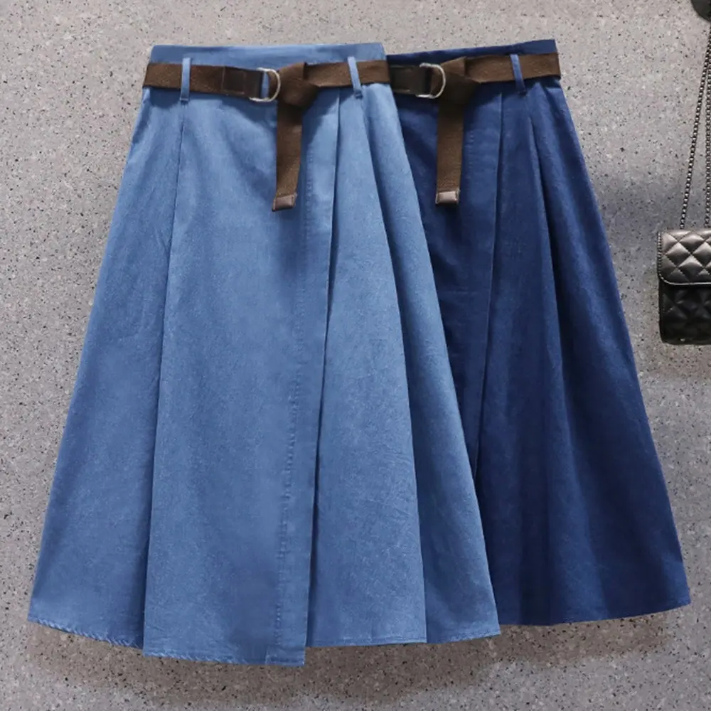 Grosir A-line Rok Jins Denim Wanita Panjang, Rok Denim Sabuk Kasual Modis Ukuran Besar