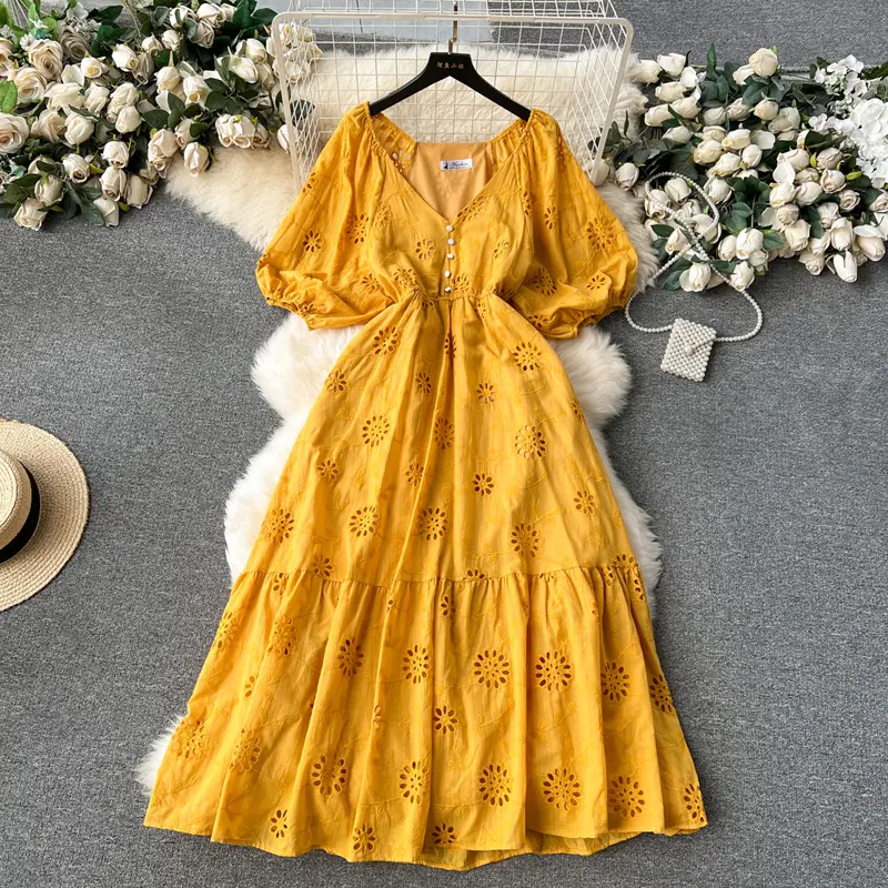 LY20211 New Stylish 2024 Standing Neck Long Sleeve Embroidery Hollow Out Waist Dress 2