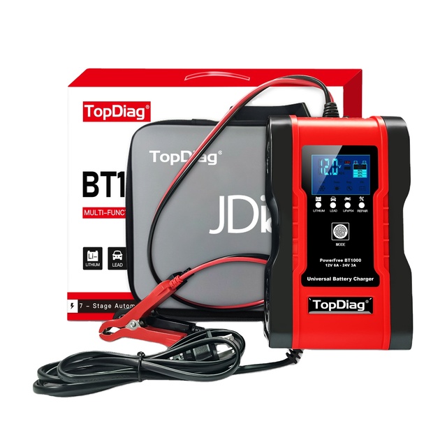 TopDiag BT1000 Universal Motorcycle Car Battery Charger 12V 6A 24V 3A Fully Automatic Seven Segment Battery Charger Battery