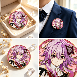 Épinglette en émail personnalisée style anime cheveux violets, plaqué or, badge de revers rond en métal, OEM ODM - Product Image 3
