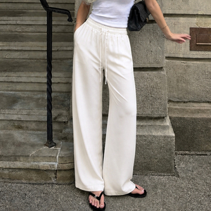 Lazy Style Basic Solid Color Elastic Drawstring <b>Tie</b> Silk Satin Casual Pants Home Wear Draped Versatile Straight Leg Long Pants - Product Image 5