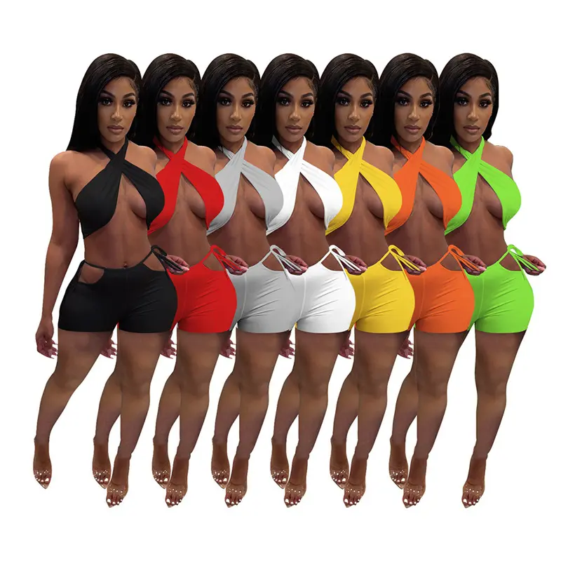 New Summer Sexy set Women Short Fashion halter Up Off Shoulder Crop Top And Shorts 2 Pieces Outfits Ladies Clothing Sets