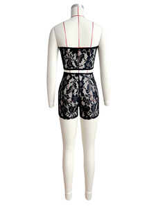 Encaje Sexy <span class=keywords><strong>Coquette</strong></span> Playsuits Conjunto de 2 piezas Mujeres Sin mangas Ver a través de monos Señoras Mamelucos Night Club Shorts Set para mujeres - Product Image 3