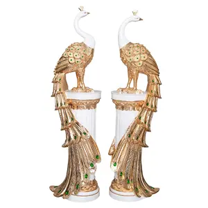 High-end Home Decoration Office Ornament Feng Shui Large Phoenix Statue Gold Peacock Resin Sculpture