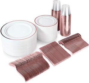 ชุดจานพลาสติกอย่างดีขอบสีขาว โรสโกลด์ และสีเงิน สำหรับ 25 ท่าน จำนวน 150 ชิ้น สำหรับงานเลี้ยง งานแต่งงาน - Product Image 1