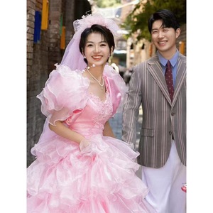 Pink Princess Ball Gown Empire Waist Sweetheart Neckline Multi Tiered Cake Skirt Wedding Dress For Travel Photography - Product Image 2