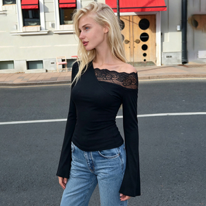 Womens Black Asymmetric off Shoulder Lace Solid Regular Fit Long Sleeve Summer Casual T Shirt Elegant Streetwear <b>Top</b> - Product Image 5