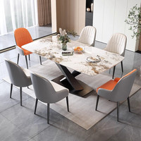 Table à manger au design moderne, élégante et confortable, avec structure en fer et plateau en pierre frittée, assemblée pour une utilisation à domicile et en hôtel